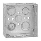 Square Box, 21 Cubic Inches, 4 Inch Square x 1-1/2 Inch Deep, 1/2 Inch and 3/4 Inch Eccentric Knockouts, Galvanized Steel, Welded Construction, with Grounding Bump, For use with Conduit