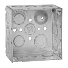 Square Box, 30.3 Cubic Inches, 4 Inch Square x 2-1/8 Inch Deep, 1/2 Inch and 3/4 Inch Eccentric Knockouts, Galvanized Steel, Welded Construction, Ground Bump, For use with Conduit